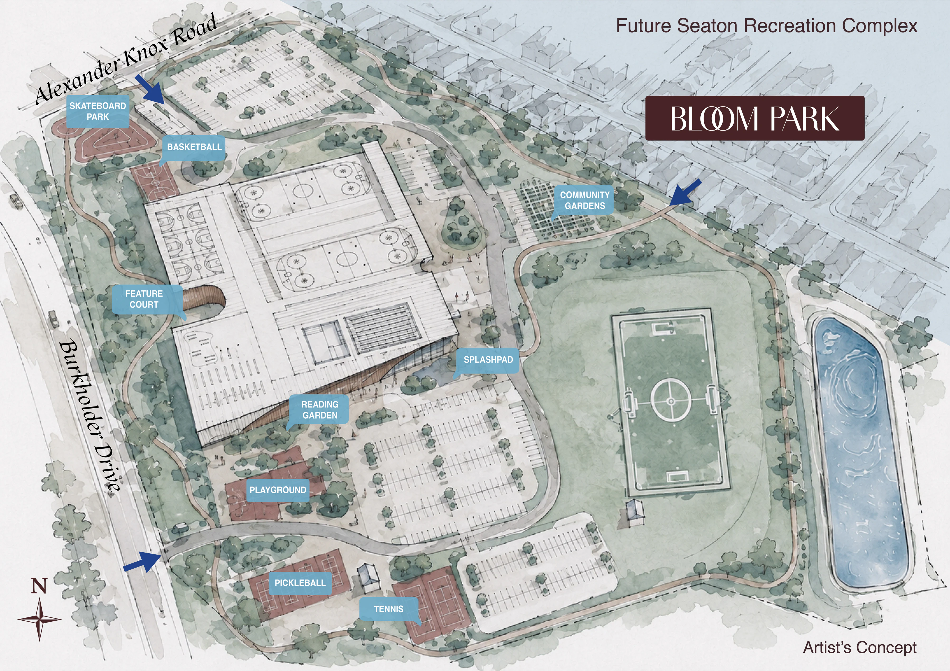 Labeled illustrated plan for the future Seaton Recreation Complex